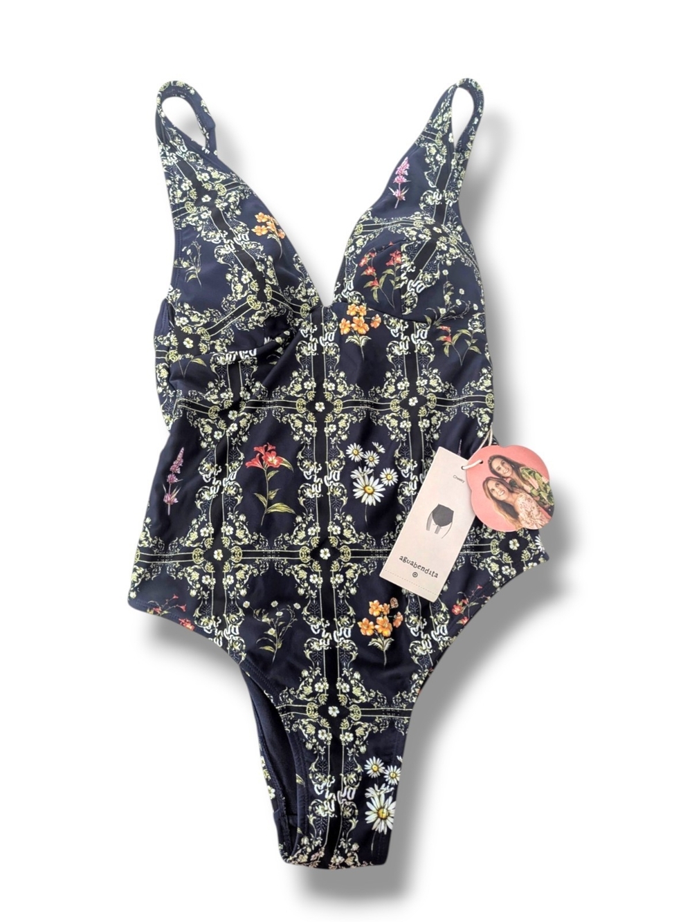 NWT Agua Bendita Navy Floral Tile One-Piece Swimsuit, Size Small